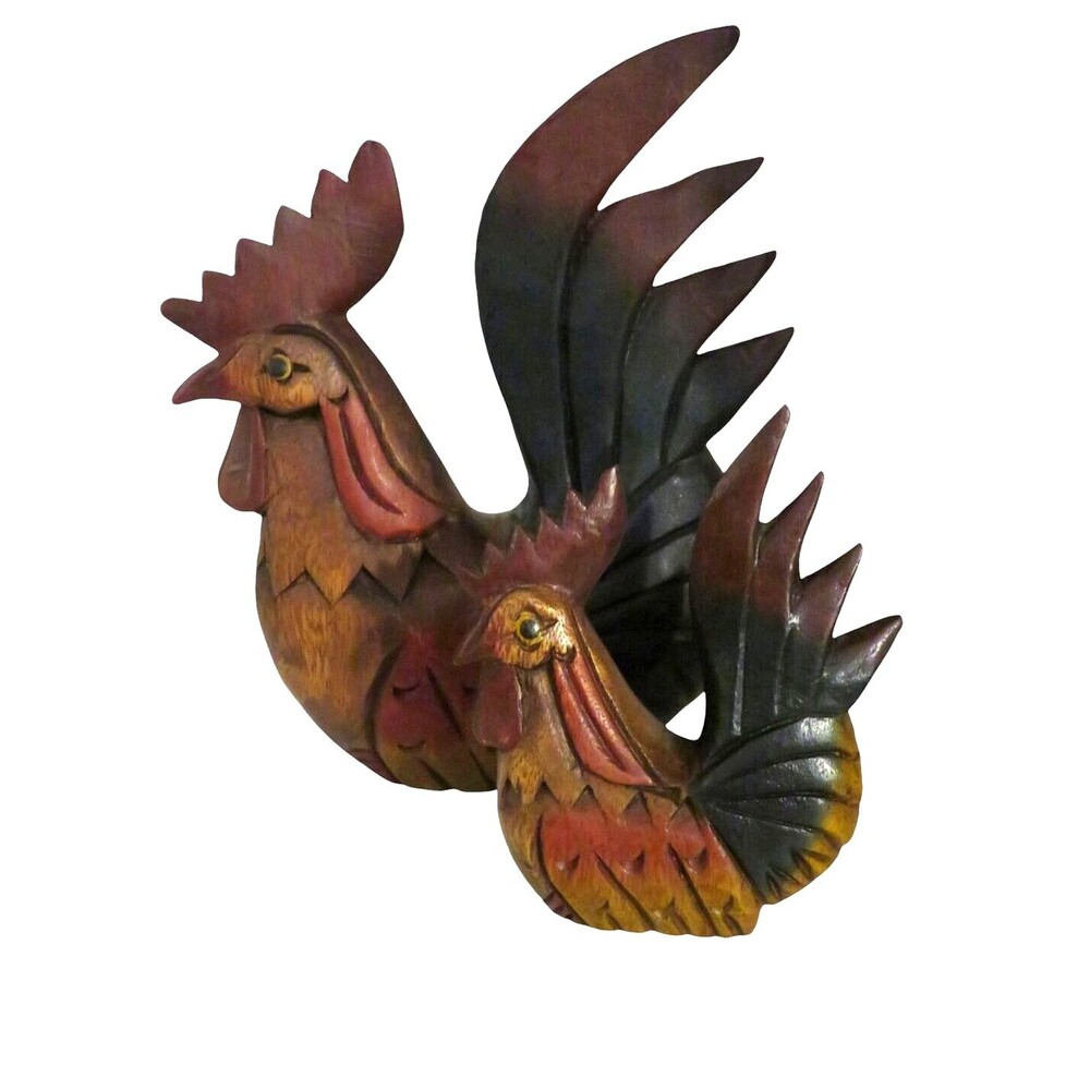 Vintage Folk Art Roosters Chickens Mandalay Hand Carved Wood Figurines